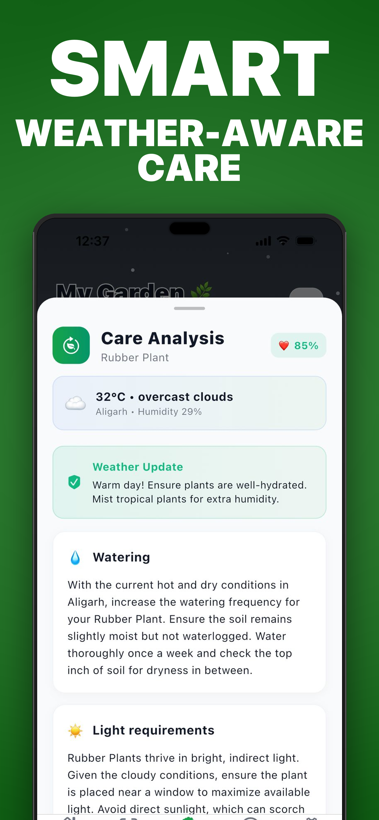 PlantCare Pro showing weather-aware care analysis for Rubber Plant with watering and light recommendations