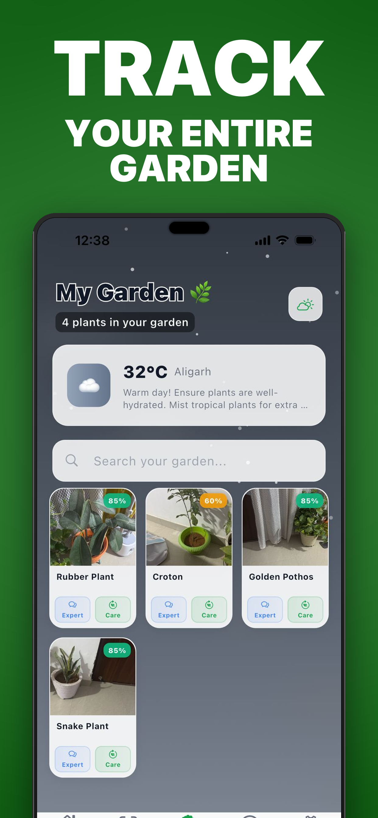 PlantCare Pro My Garden screen showing plant collection with health scores and weather-based care