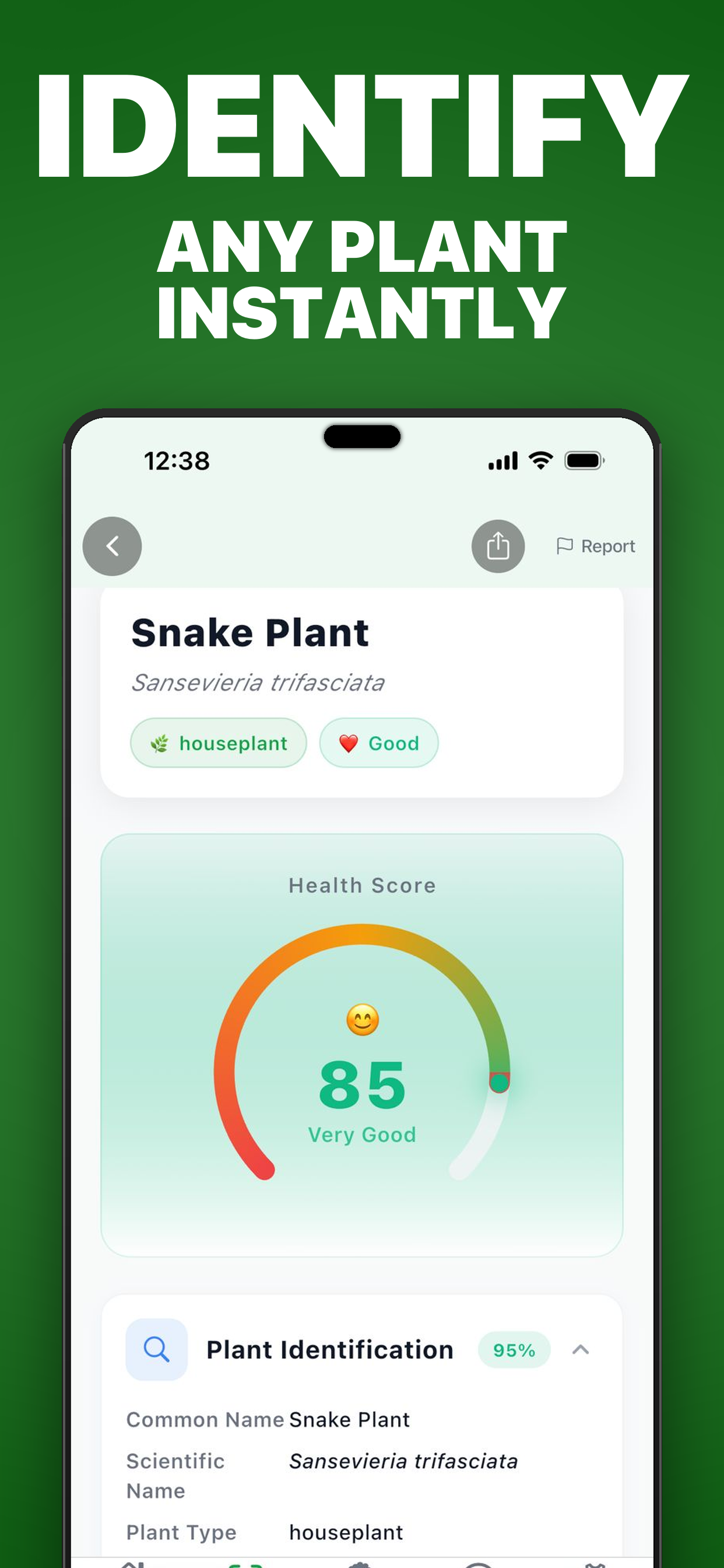 PlantCare Pro app identifying a Snake Plant with 95% confidence and health score of 85